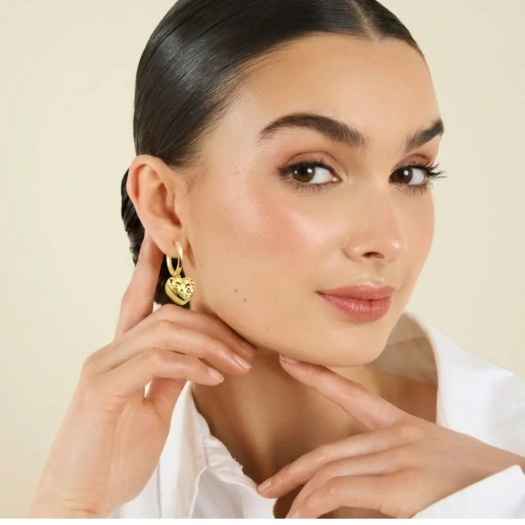 18K Gold Filled Filigree Puffed Heart Hoop Earrings – Dangle Heart Huggie Hoops